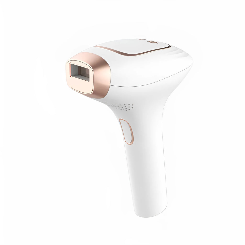 Pink and white laser hair removal device with ice-sensing technology, protective glasses, and charging accessories
