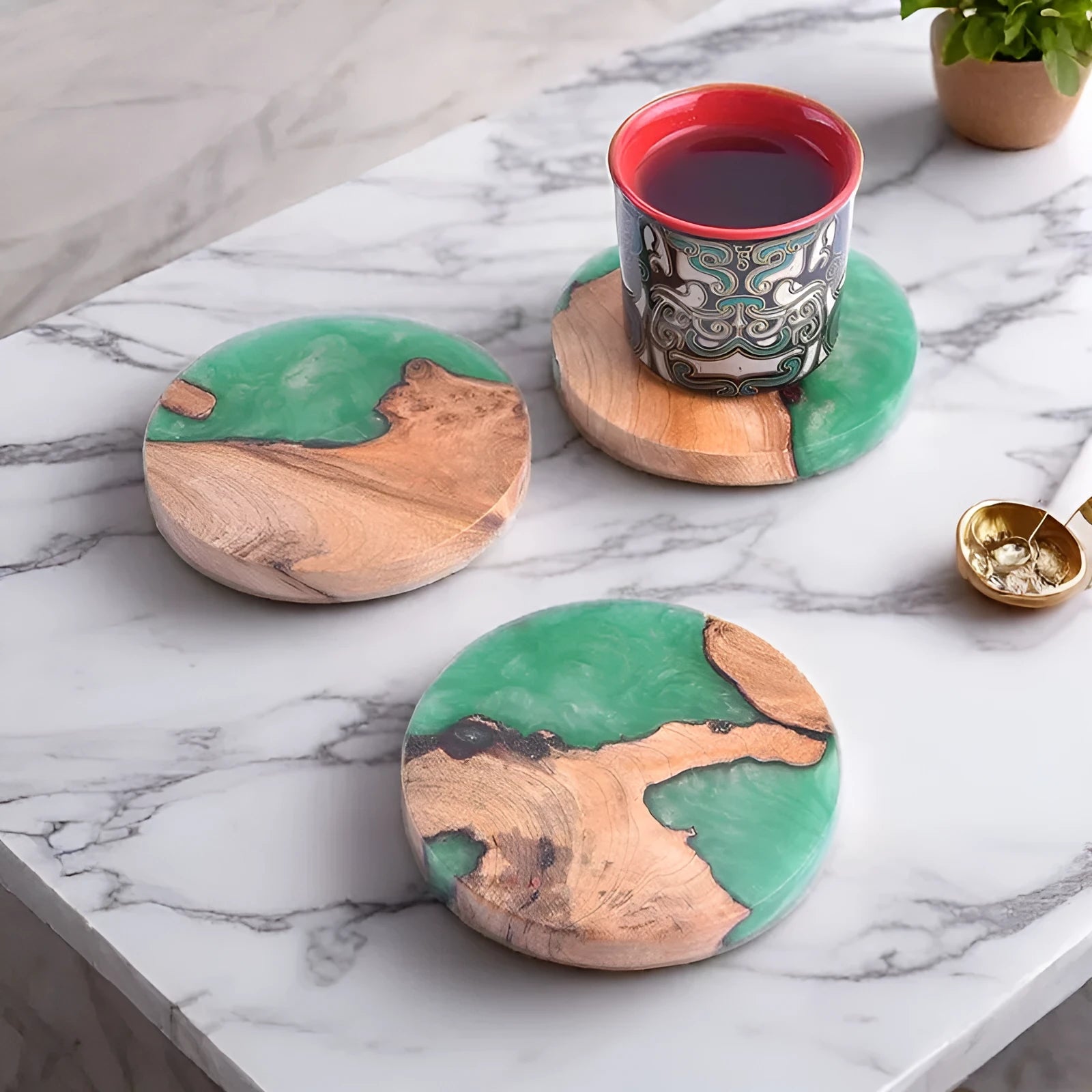 Nordic style wooden coaster with resin heat insulation for tea sets in solid colour