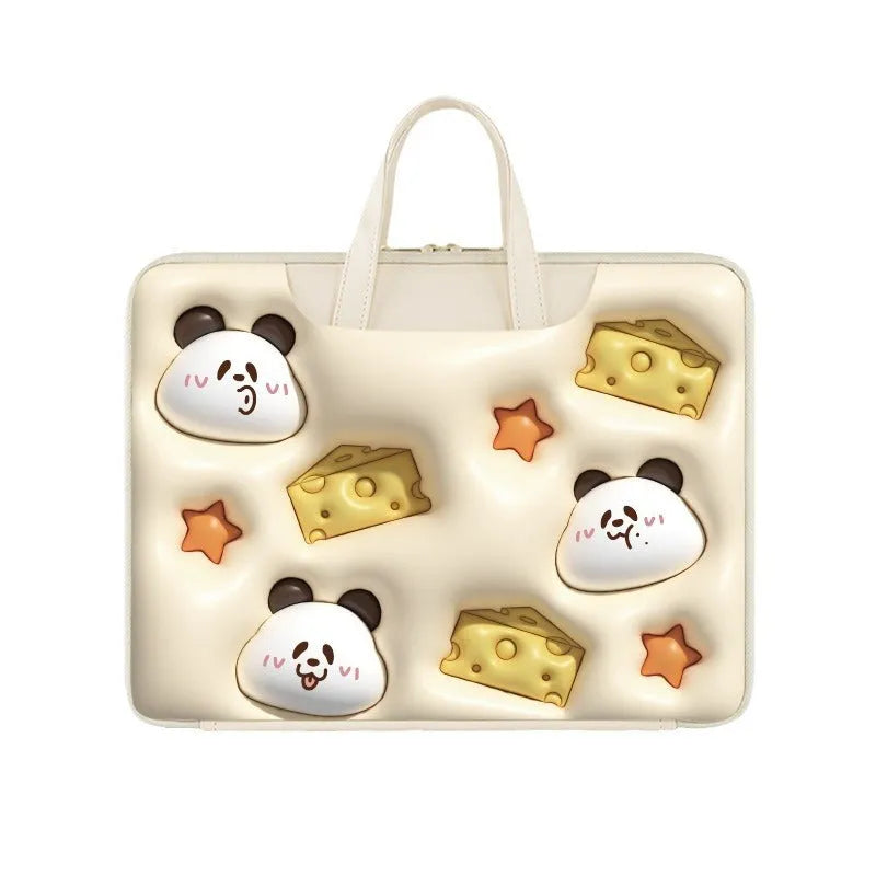 PU leather inflatable laptop bag with cartoon design, shown hanging from a suitcase handle.