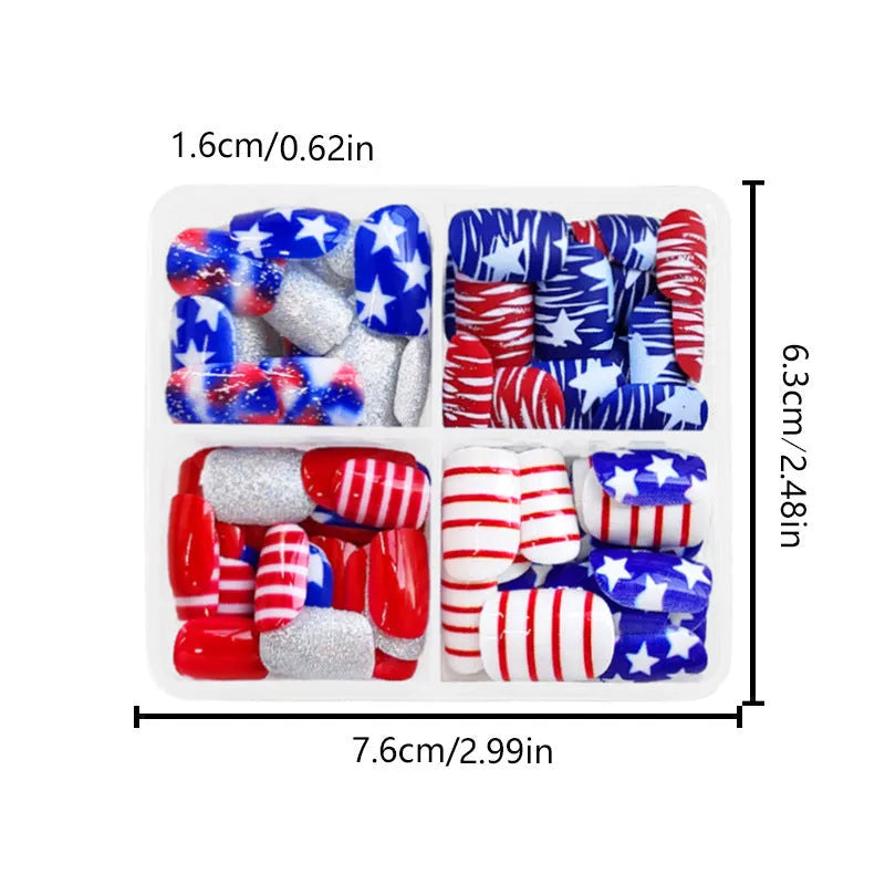 False nail tips with red and blue glitter multicolour finish in Independence Day holiday theme