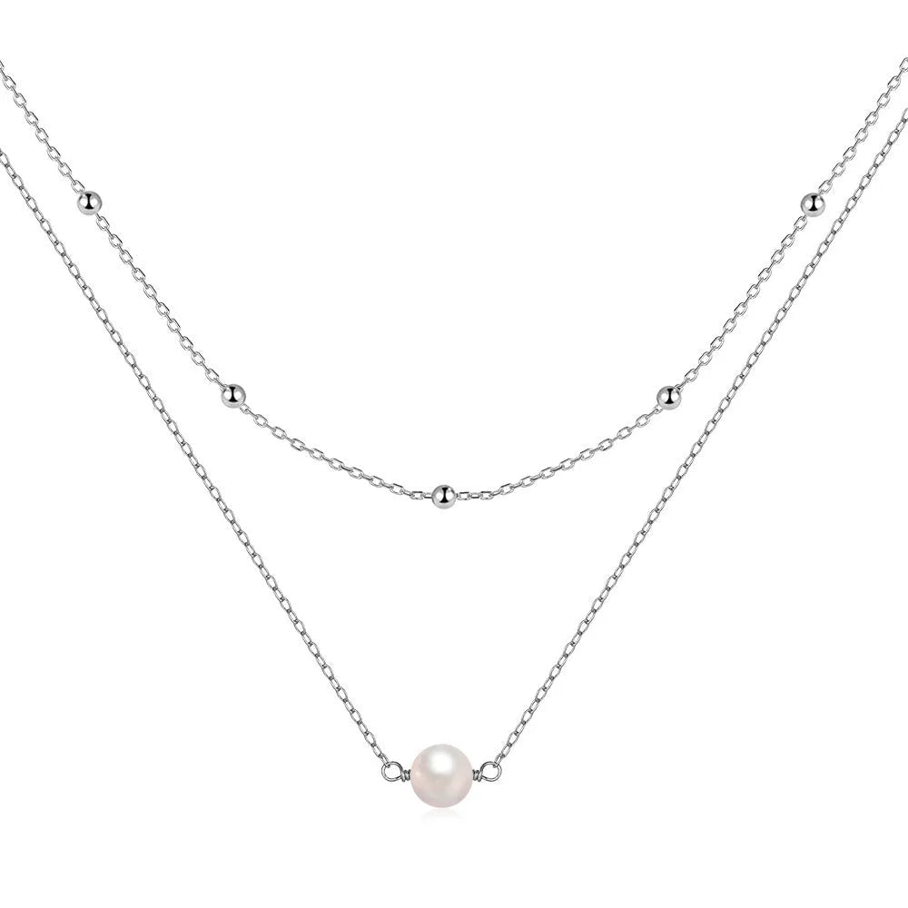 S925 sterling silver double layer necklace with twin pearls on geometric ball bead chain