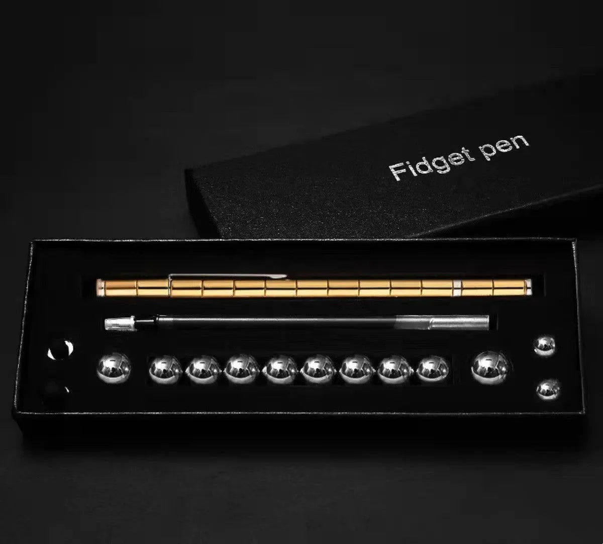 Magnetic modular pen with 13 rings, 12 steel balls, 3 refills, and capacitive head in silver iron box