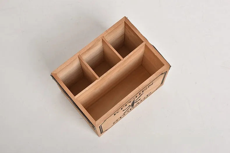 Wooden kitchen storage box with grid divider for knives, forks, and chopsticks
