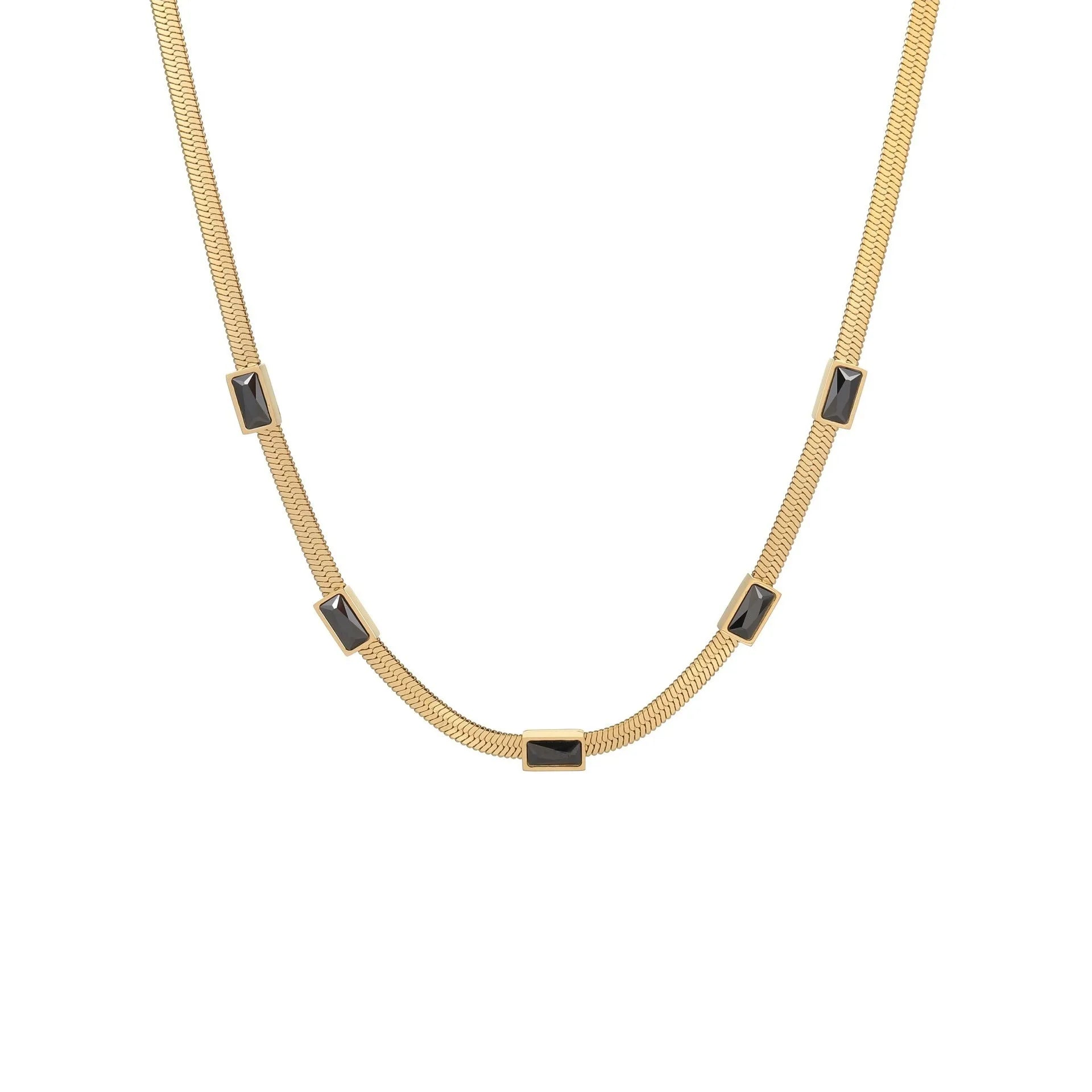 Gold geometric square zircon pendant necklace on a flat stainless steel snake chain.