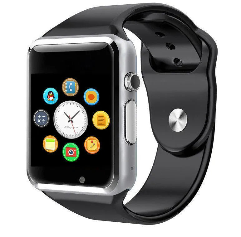 A1 GSM smart watch for Android with camera on a 1.54-inch screen, shown in various colours.