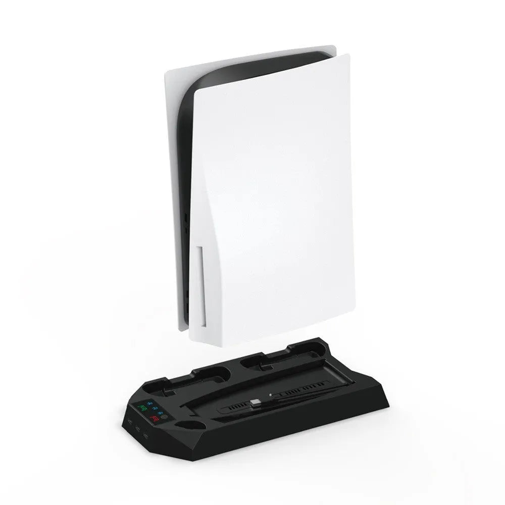 White PS5 charging stand with console upright, DualSense handle docked, and headset on hook.