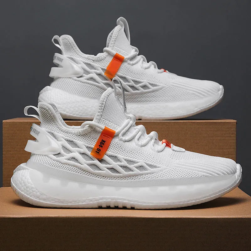 Men's white woven mesh platform sneakers with flat rubber sole and front lace-up design