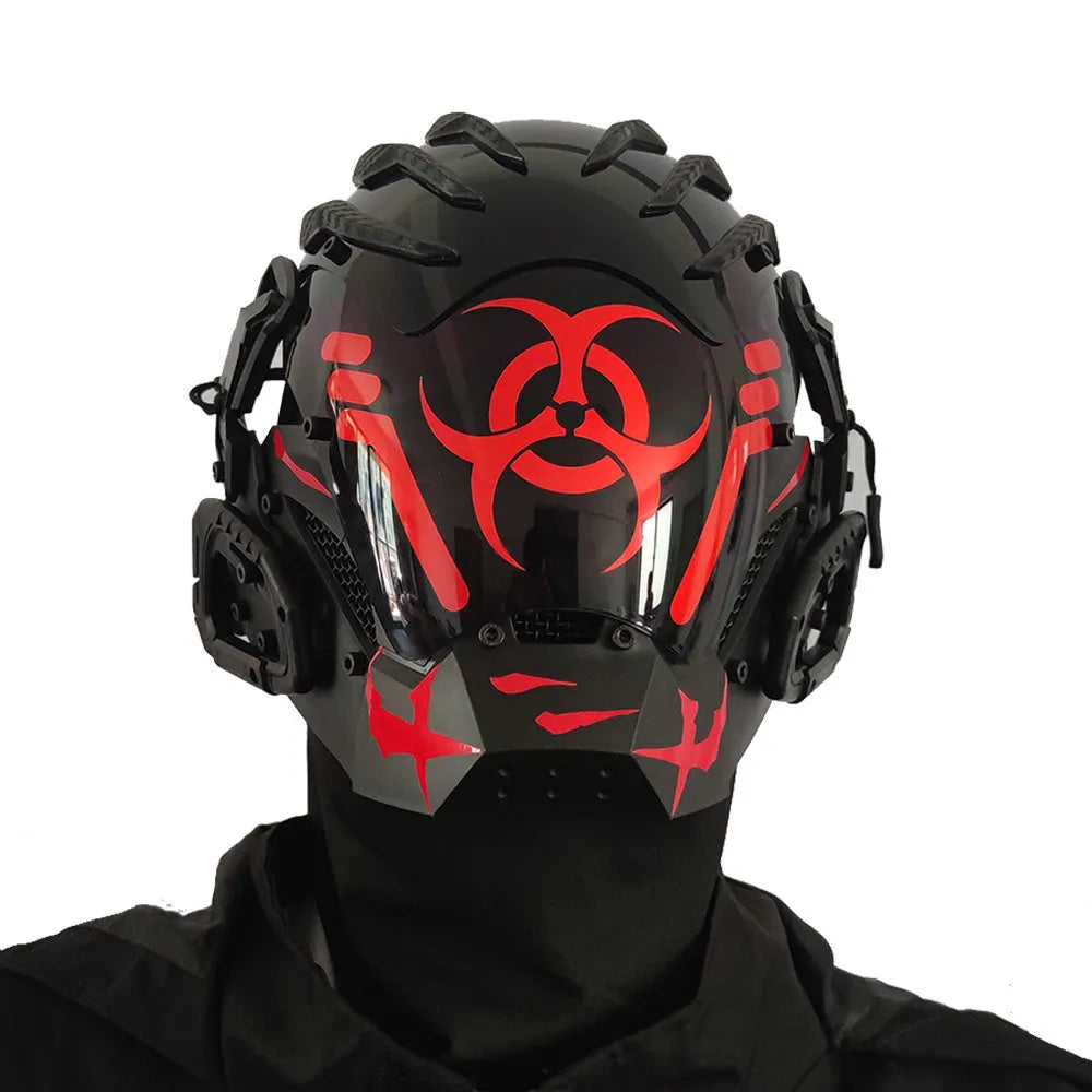 Black full face prop mask helmet for cyberpunk cosplay and themed parties.