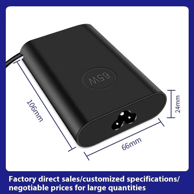 Black 65W Type-C laptop power adapter with a set of interchangeable international plug heads.