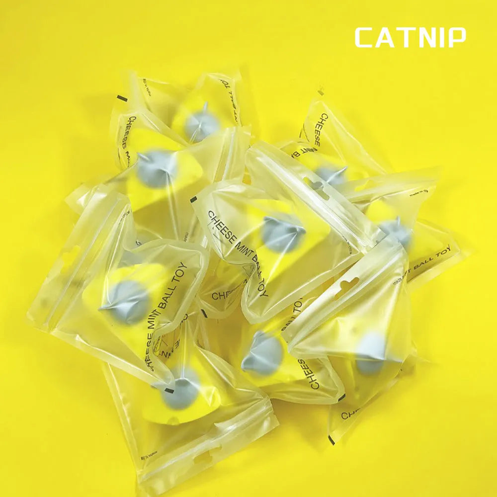 Five yellow catnip chew toy balls for feline dental care and play