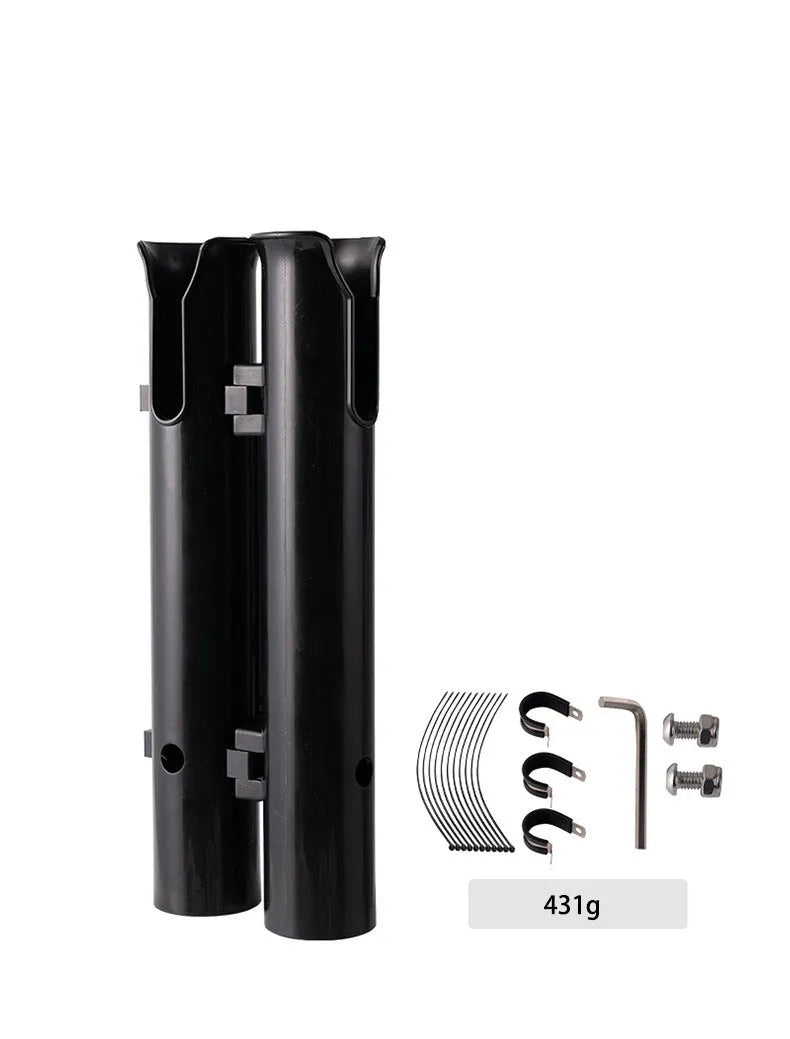 Plastic fishing rod rack with carbon finish mounted on a bicycle handlebar