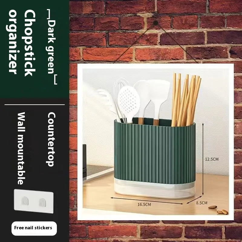 Plastic wall-mounted chopsticks basket with cross-border drain design in beige, dark green, or orange.