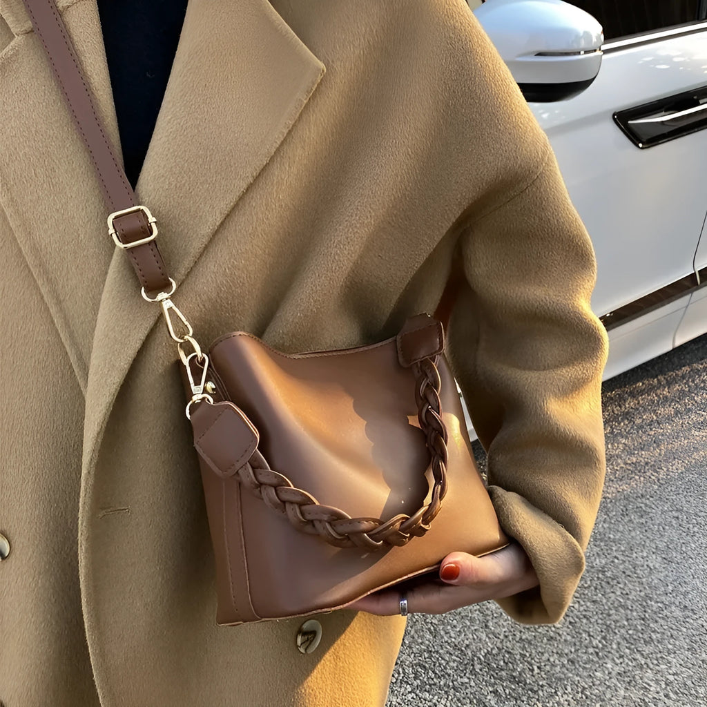 Retro woven PU leather one-shoulder crossbody underarm bucket bag in khaki colour
