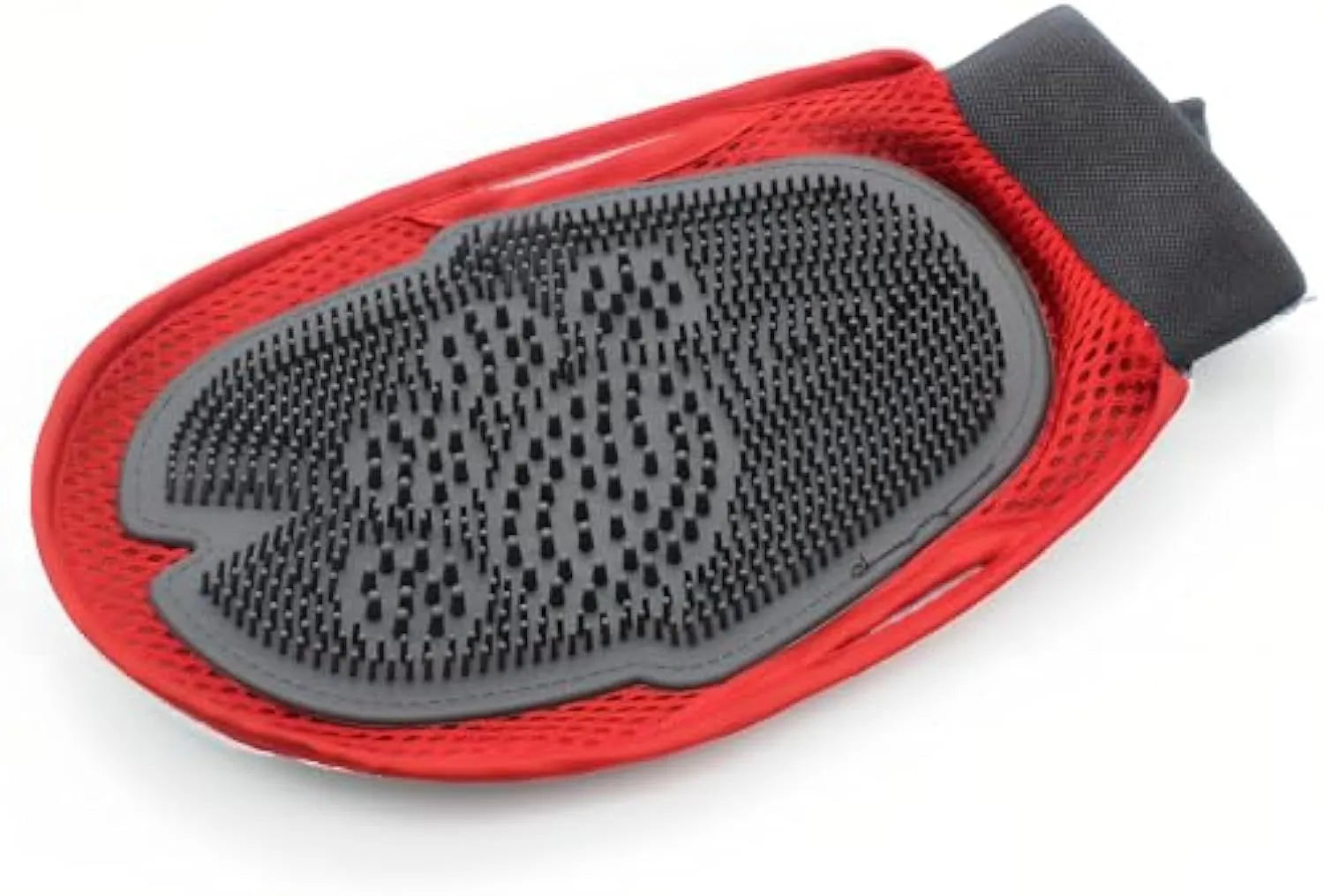 Red pet bathing glove with integrated brush bristles for grooming and massage
