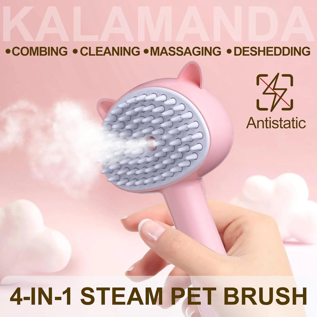 Blue cat-ear shaped steam brush for pet grooming with rubber bristles and a release button.