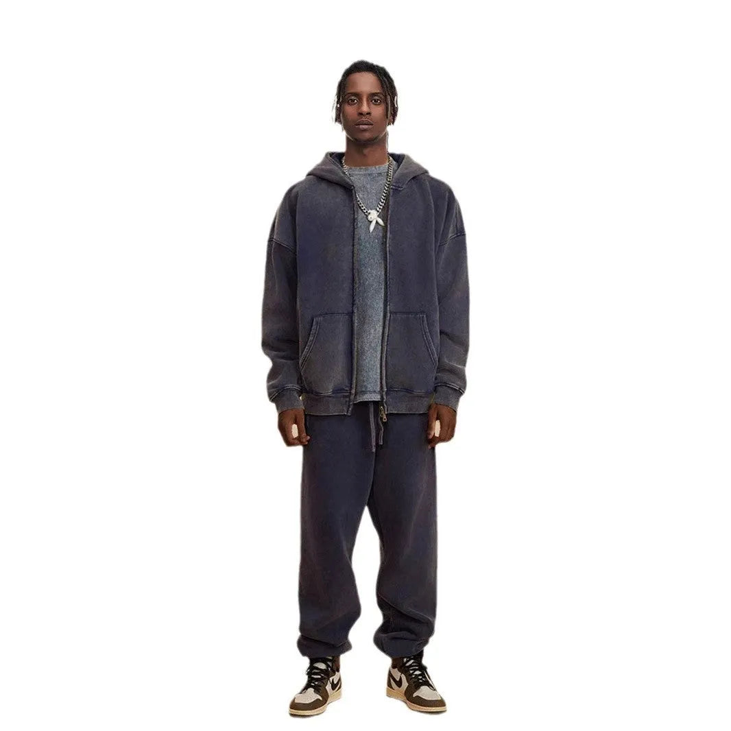 Men's washed cotton hooded cardigan with fleece lining and double zipper in vintage style