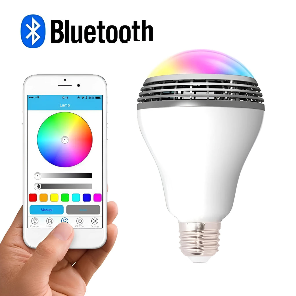 White E27 smart bulb with Bluetooth speaker, showing dimensions and RGB colour illumination.