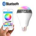 White E27 smart bulb with Bluetooth speaker, showing dimensions and RGB colour illumination.