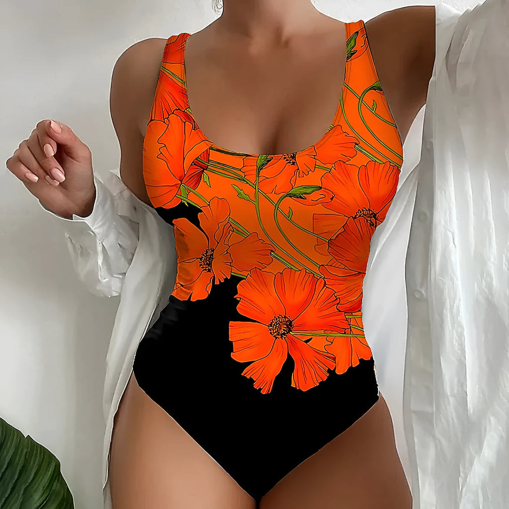 Women's orange flower print backless one-piece swimsuit on a mannequin, showing slim fit.
