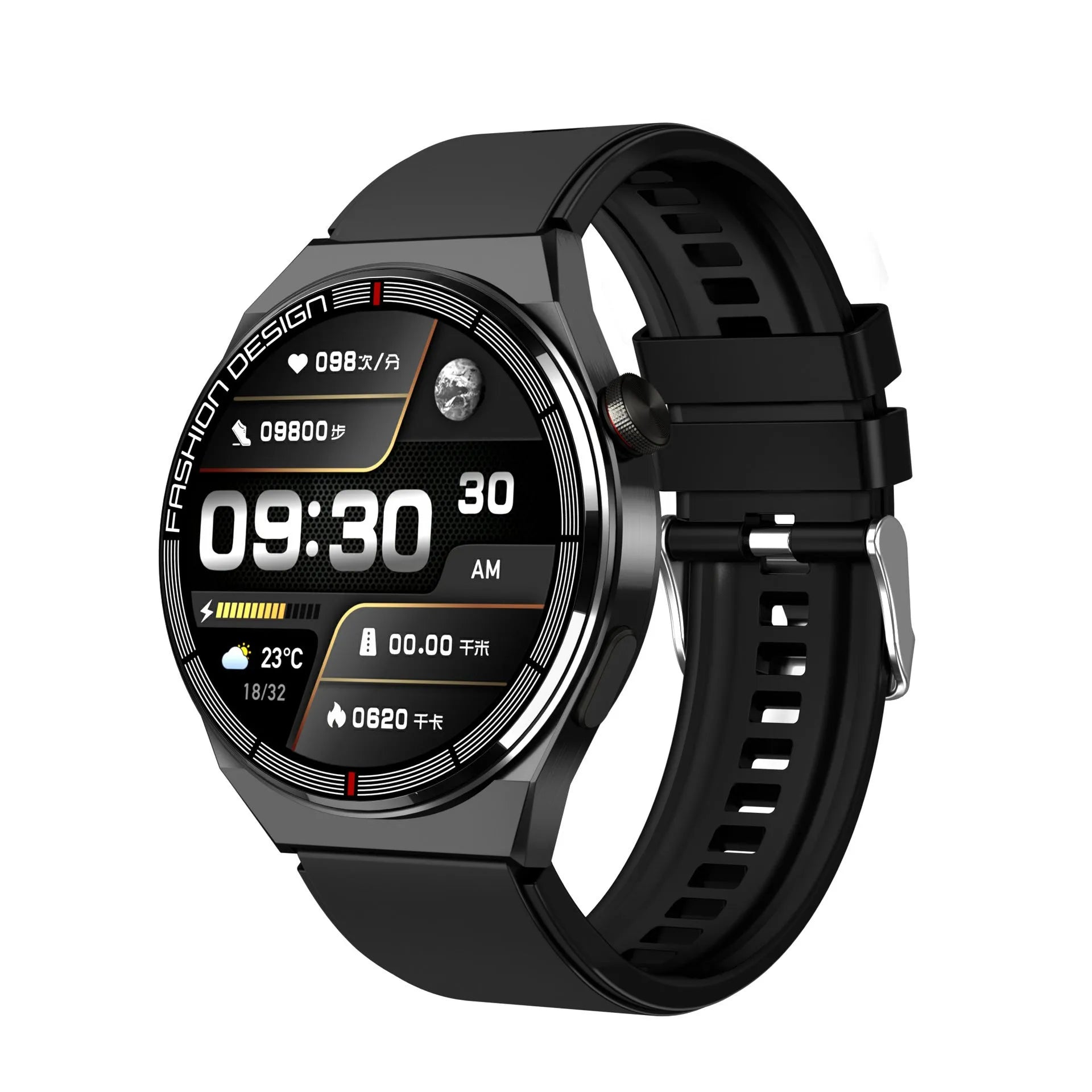 46mm smartwatch with black case and silicone strap showing health metrics on 1.28-inch screen
