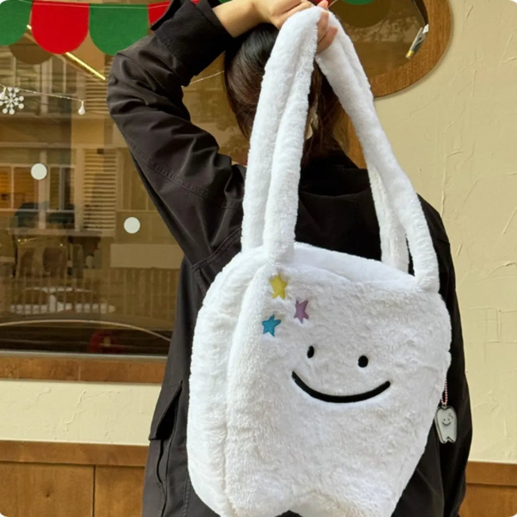 White plush shoulder tote bag with cute teeth pattern and zipper closure