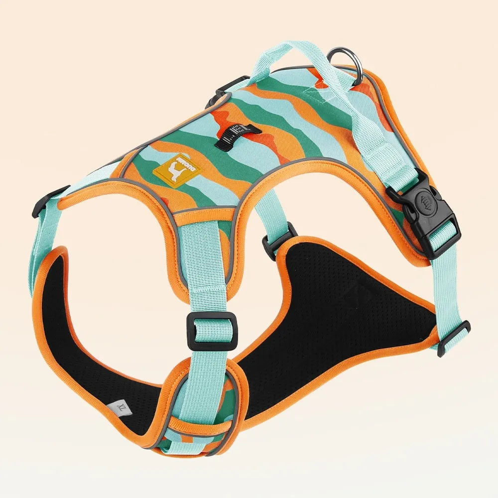 Orange reflective dog harness and lead with a chest and back design for secure walking control.