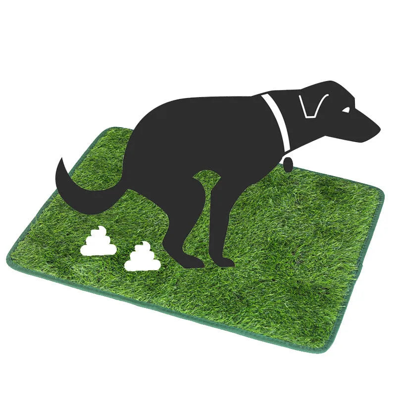 Artificial grass dog toilet training mat on a floor, shown in small, medium, and large sizes.