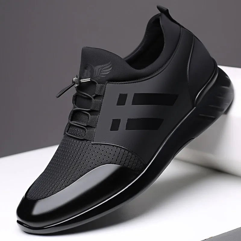 Men's black genuine leather casual shoes with a chunky rubber sole for height increase.