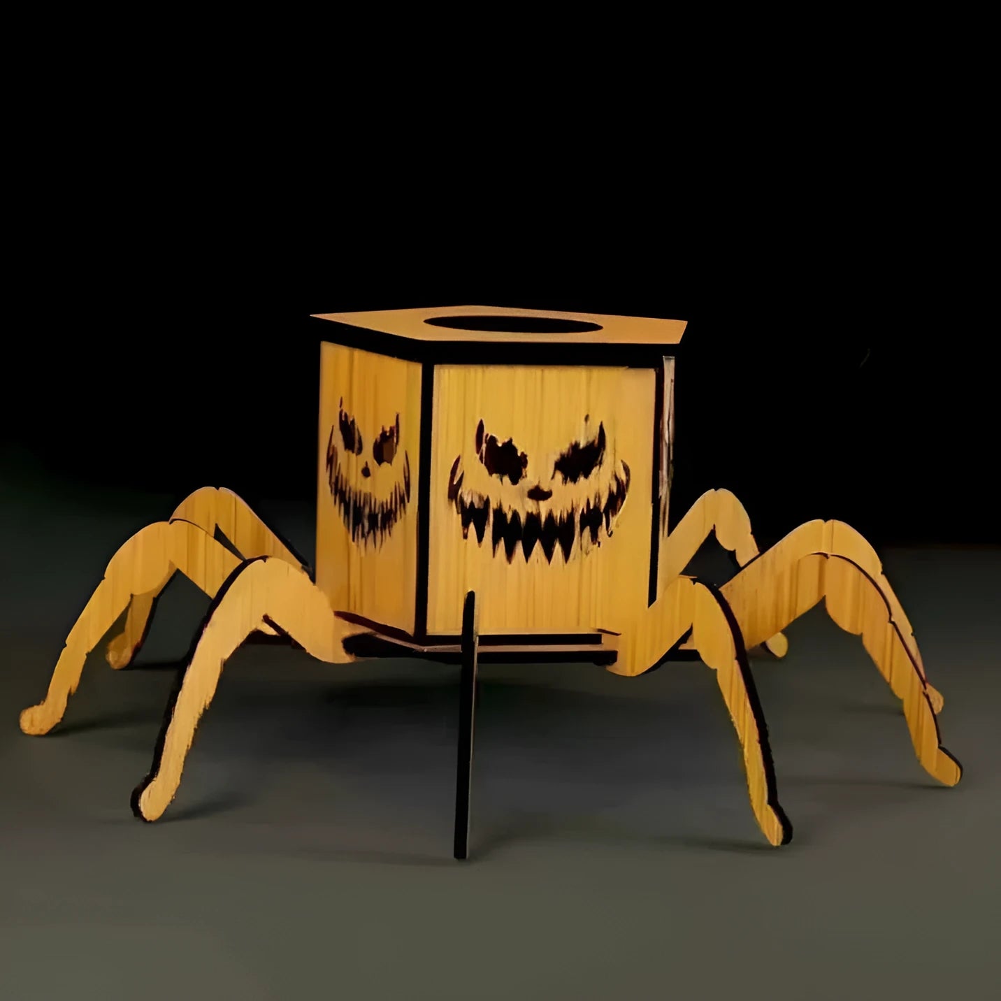 Wooden Halloween spider mini lantern candlestick decoration 21x8.5cm