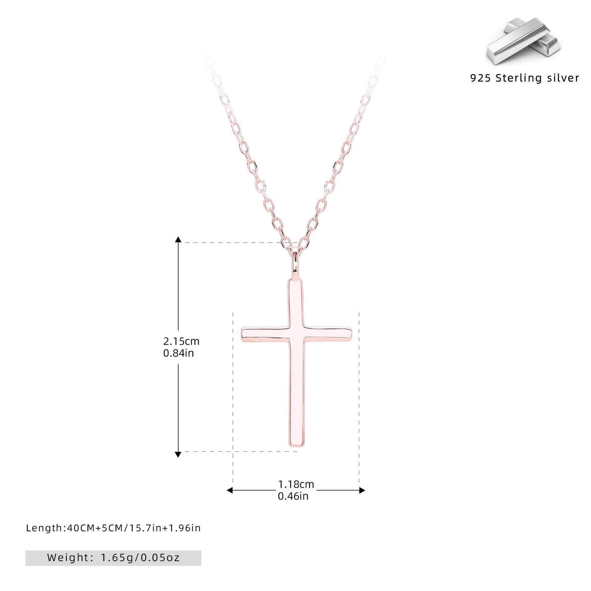 Sterling silver cross necklace with O-shaped chain in gold plating on display