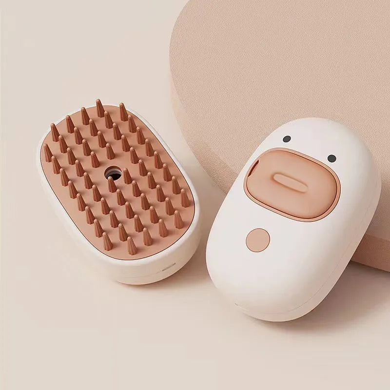 White and yellow rechargeable steam pet grooming brush with rubber comb teeth