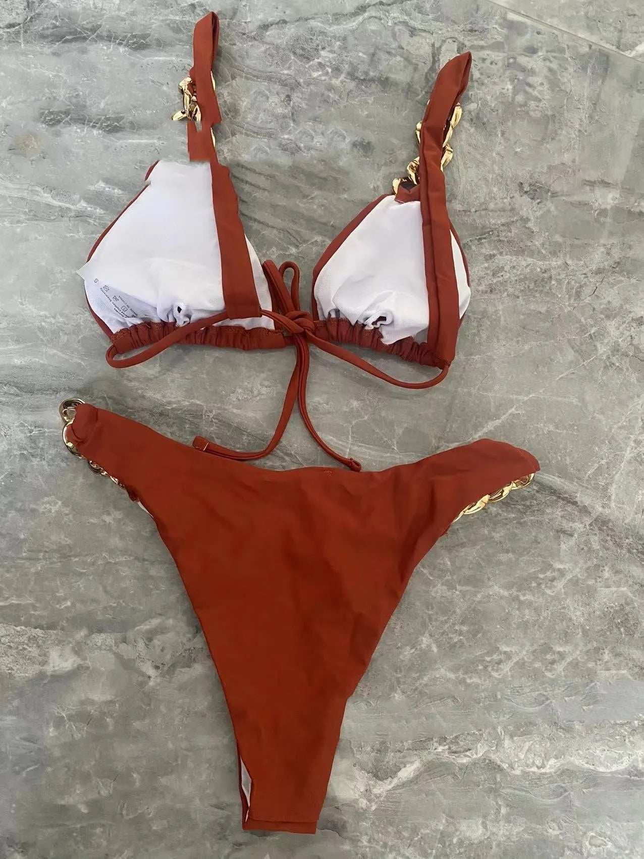 Brown women's push up bikini swimsuit with tube-top ring tether design