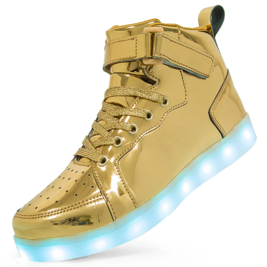 LED high-top board shoes with rechargeable lighting in black colour showing Velcro fastening