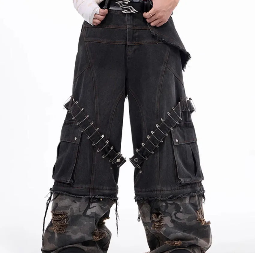 Men's grey camouflage splicing jeans with pin and ribbon structural details