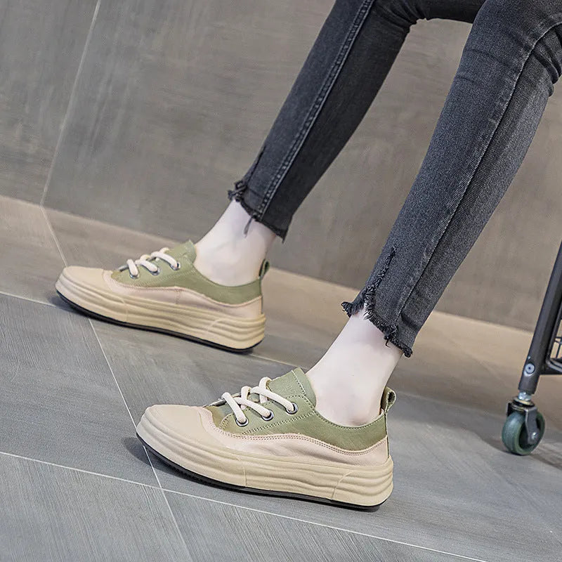 Women's leather platform sneakers in matcha green, purple, or orange with round toe and lace-up front.