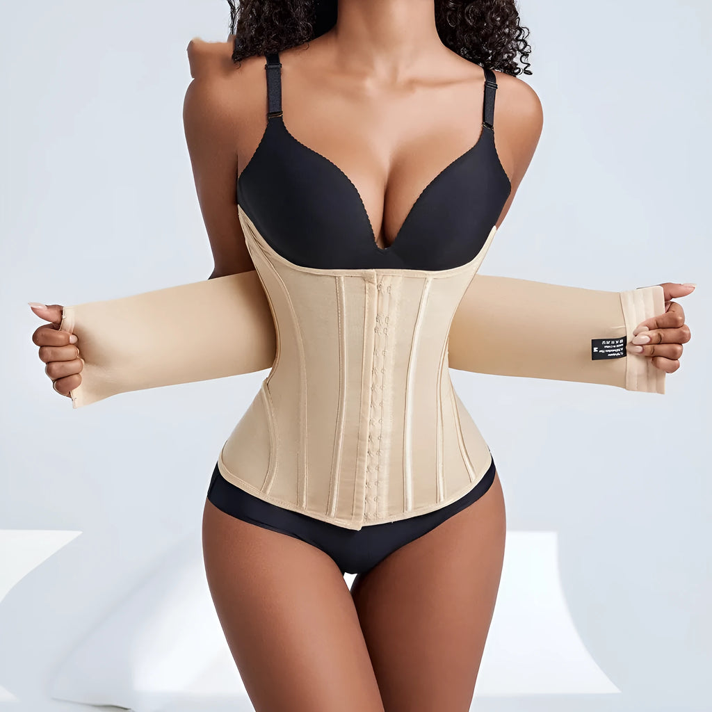 Nylon fitness belly band for waist training and tummy slimming in black or apricot colour