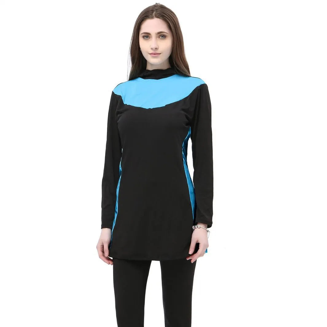 Conservative black women's swimsuit with hood, long sleeves, and full-length pants in a two-piece set.