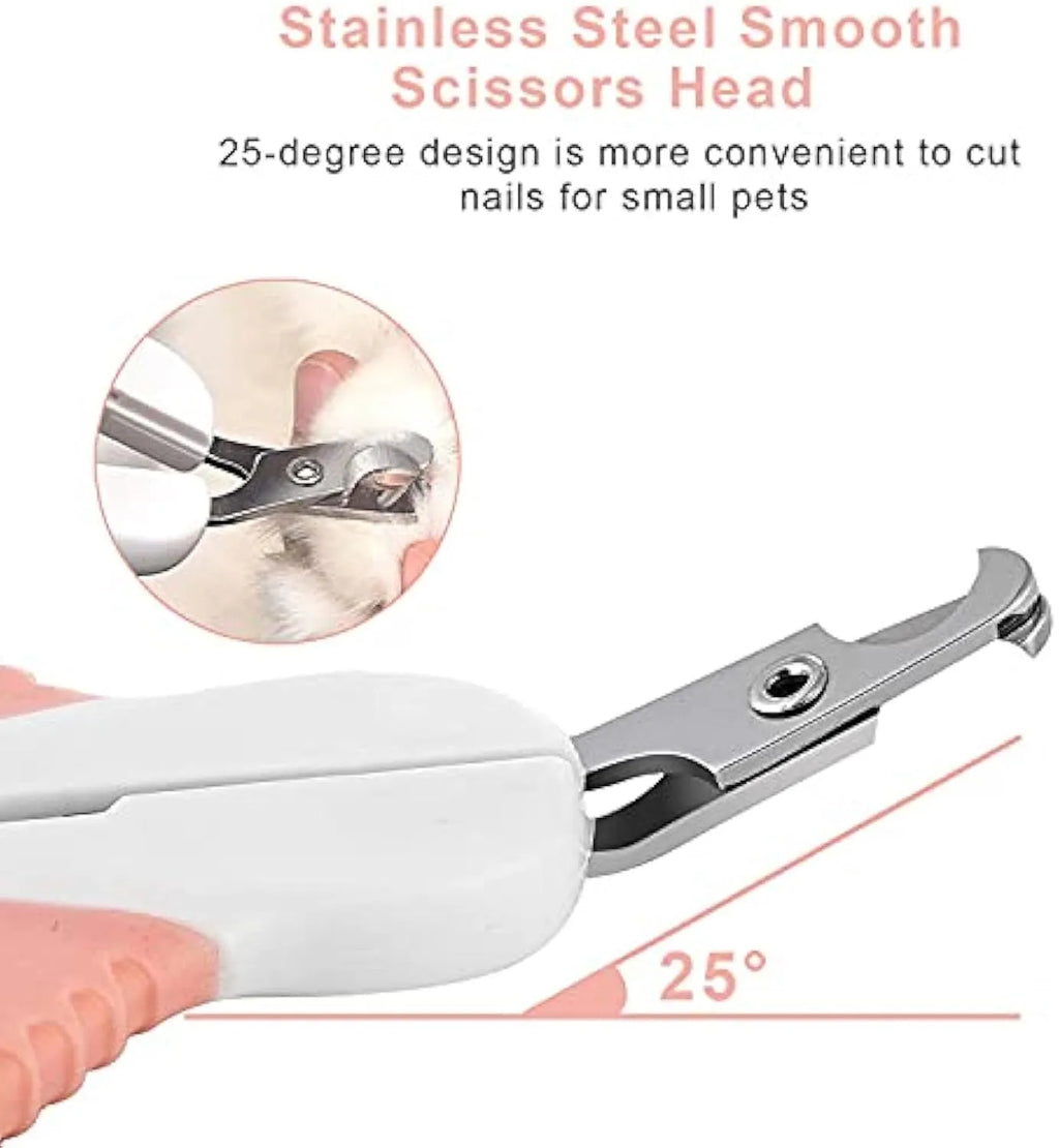 Grey and pink angled cat nail clippers with safety lock and rubberised handles.