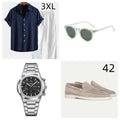 Casual loose short sleeve summer suit in cotton linen blend, shown in navy blue, with trousers.