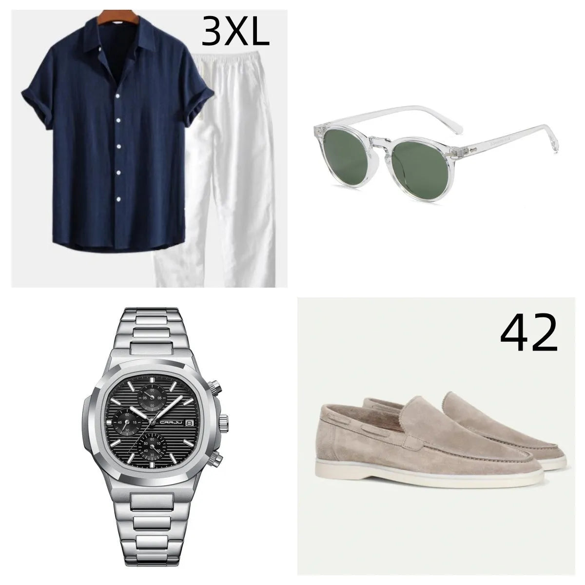 Casual loose short sleeve summer suit in cotton linen blend, shown in navy blue, with trousers.