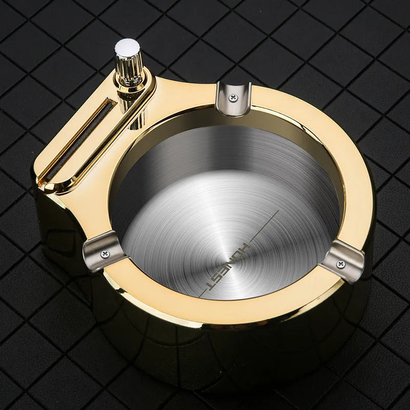Large blue metal cigarette ashtray with a built-in permanent match lighter and three cigarette slots.