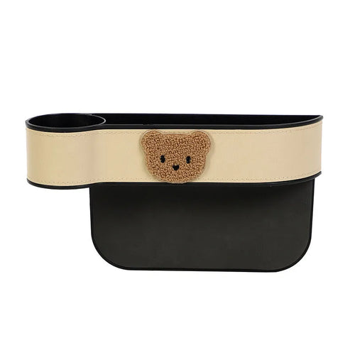 Leather car seat gap storage box with cartoon bear design hanging between vehicle front seats