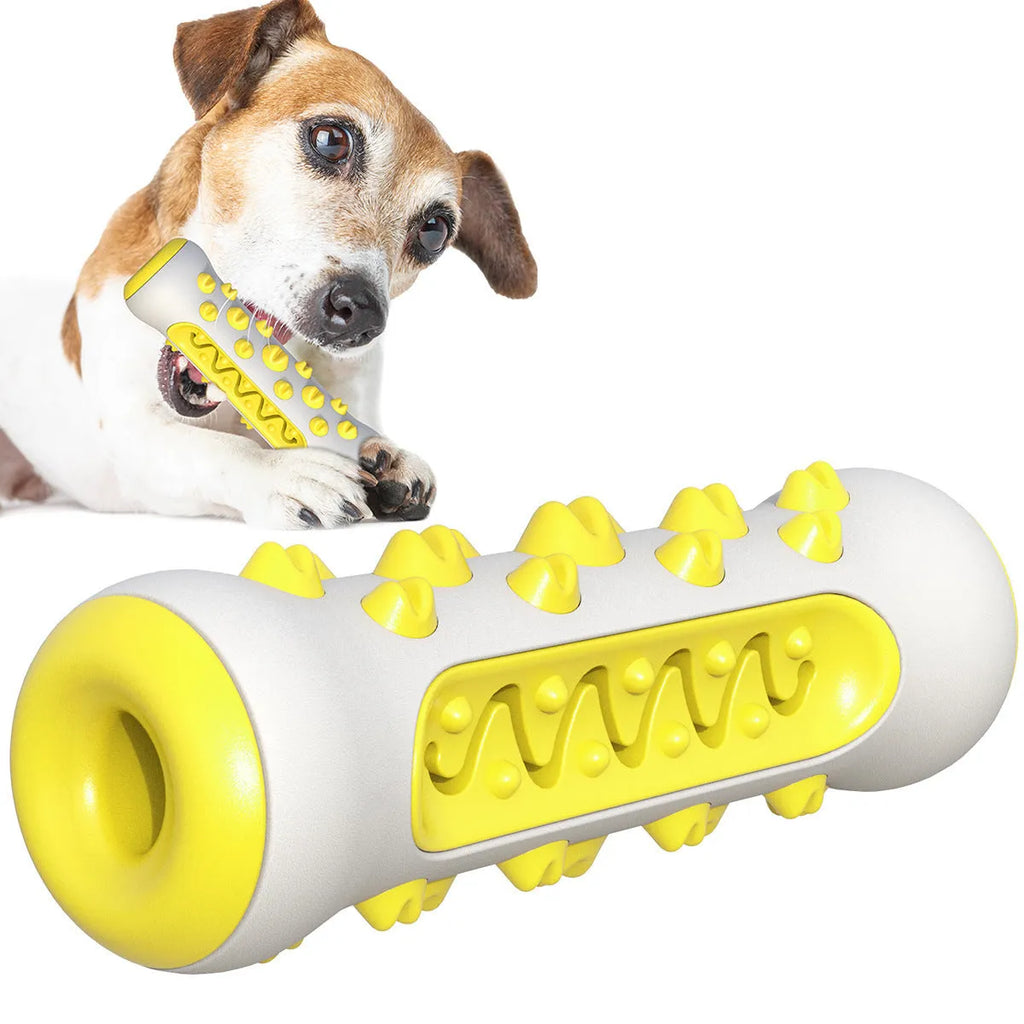 Natural rubber dog toothbrush chew toy in blue colour for dental cleaning, showing textured stick design