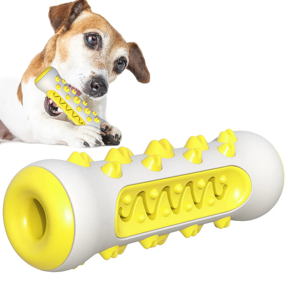Natural rubber dog toothbrush chew toy in blue colour for dental cleaning, showing textured stick design