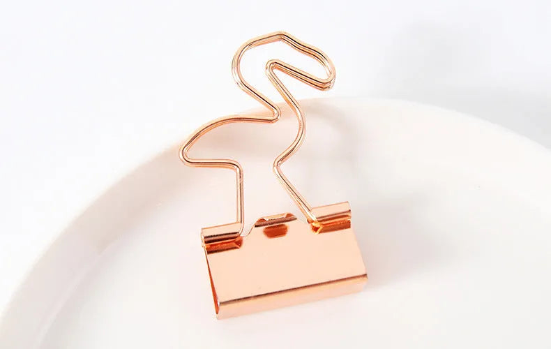 Gold decorative metal paper clips in flamingo, love heart, cloud, cat, cactus and bow shapes