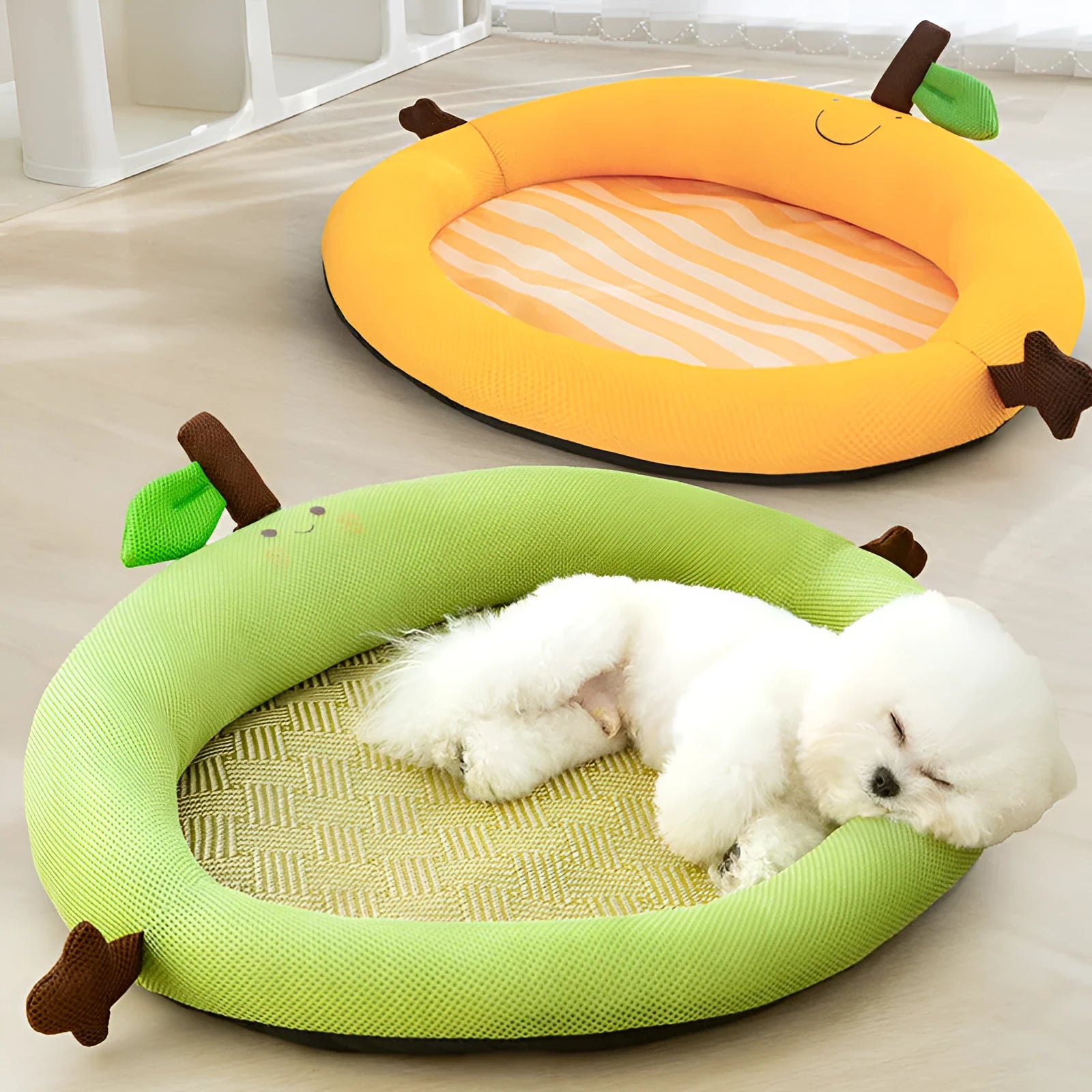 Green fruit backrest pet cooling mat bed for dogs cats with plush fabric