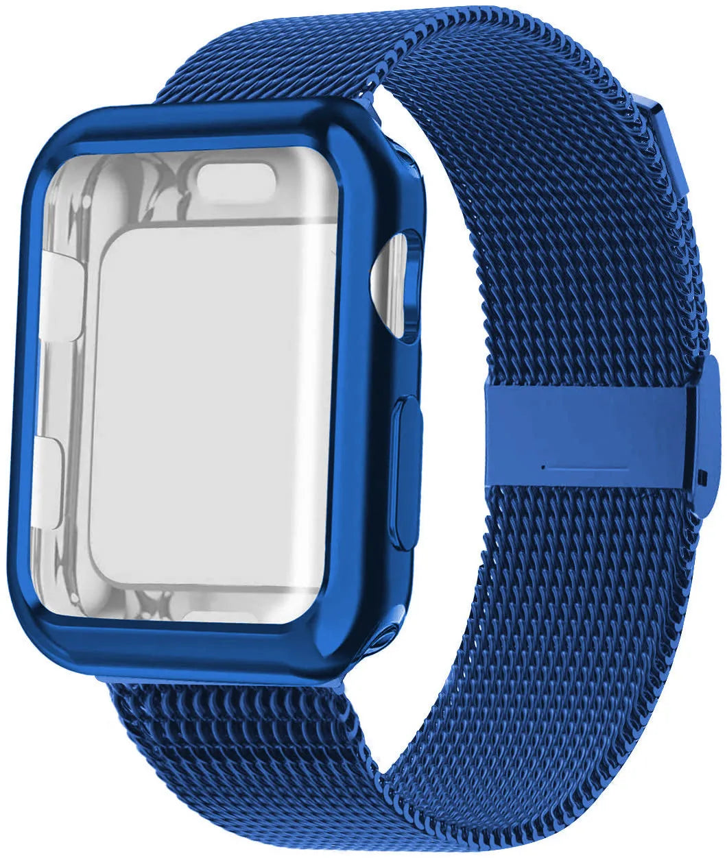 Magnetic metal Milanese loop band for Apple Watch with protective case, shown in silver colour.