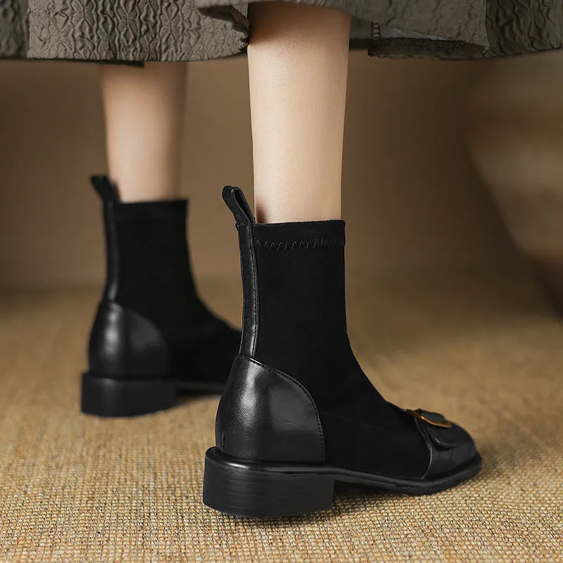 Women's black low heel Martin boots with round toe and front lace-up closure