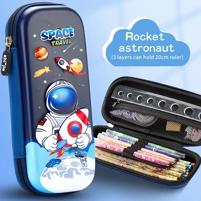3D leather pencil case with embossed holographic character design showing textured surface detail