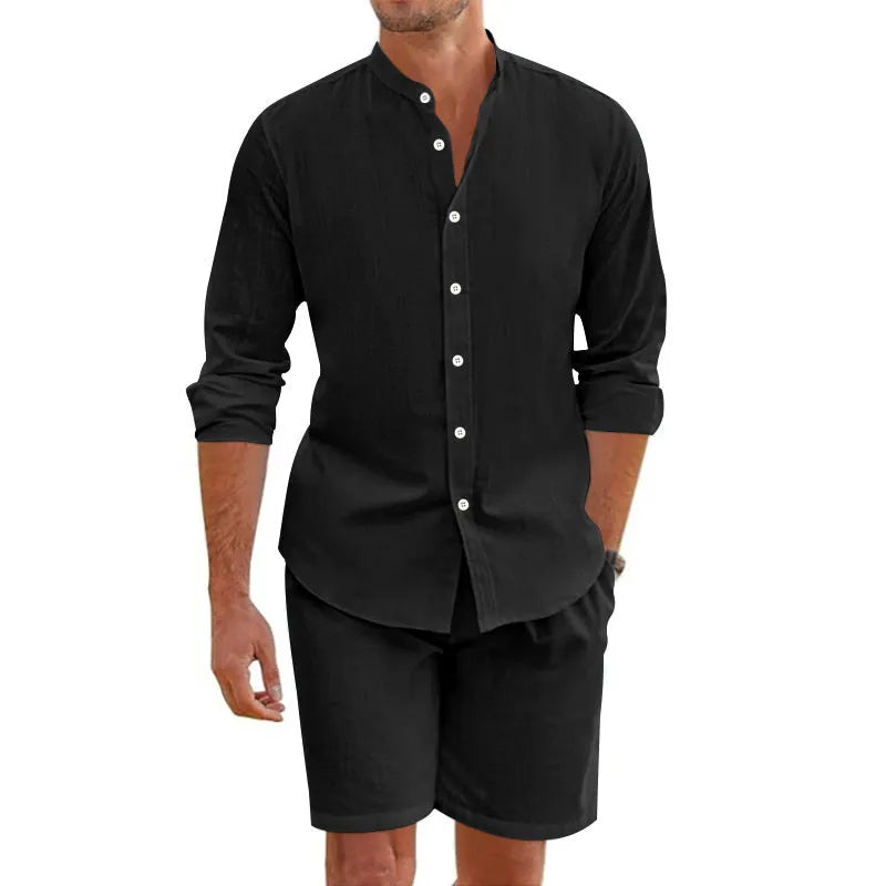 Men's linen-blend casual suit with short-sleeve button shirt and drawstring shorts.